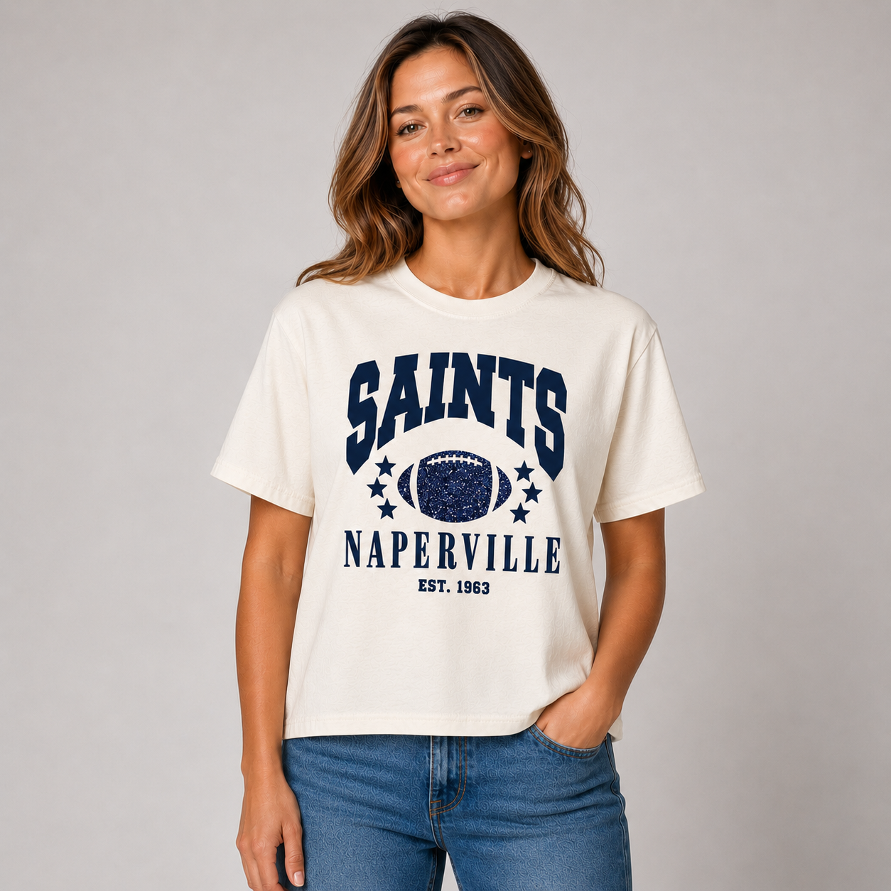 Naperville Saints Glitter Football Boxy Tee