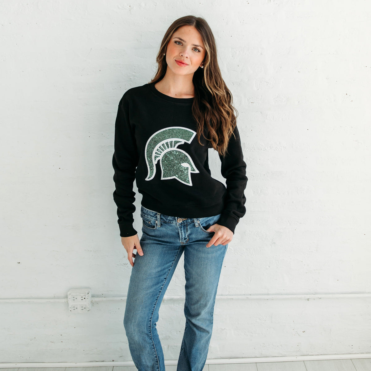 Michigan State Spartan Sequin Crewneck. Michigan Game Day Apparel.