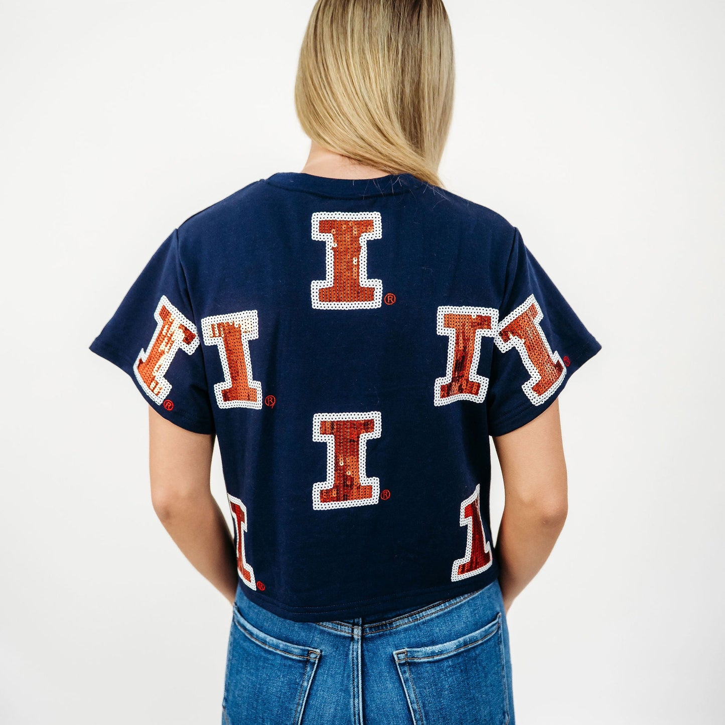 Back view of the officially licensed Illinois Fighting Illini Full Coverage Sequin Tee.