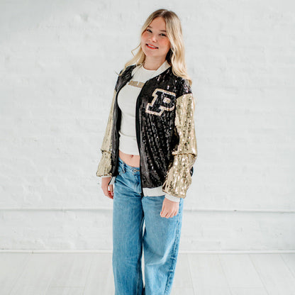 Purdue Sequin Bomber Jacket. Purdue Game Day Apparel.