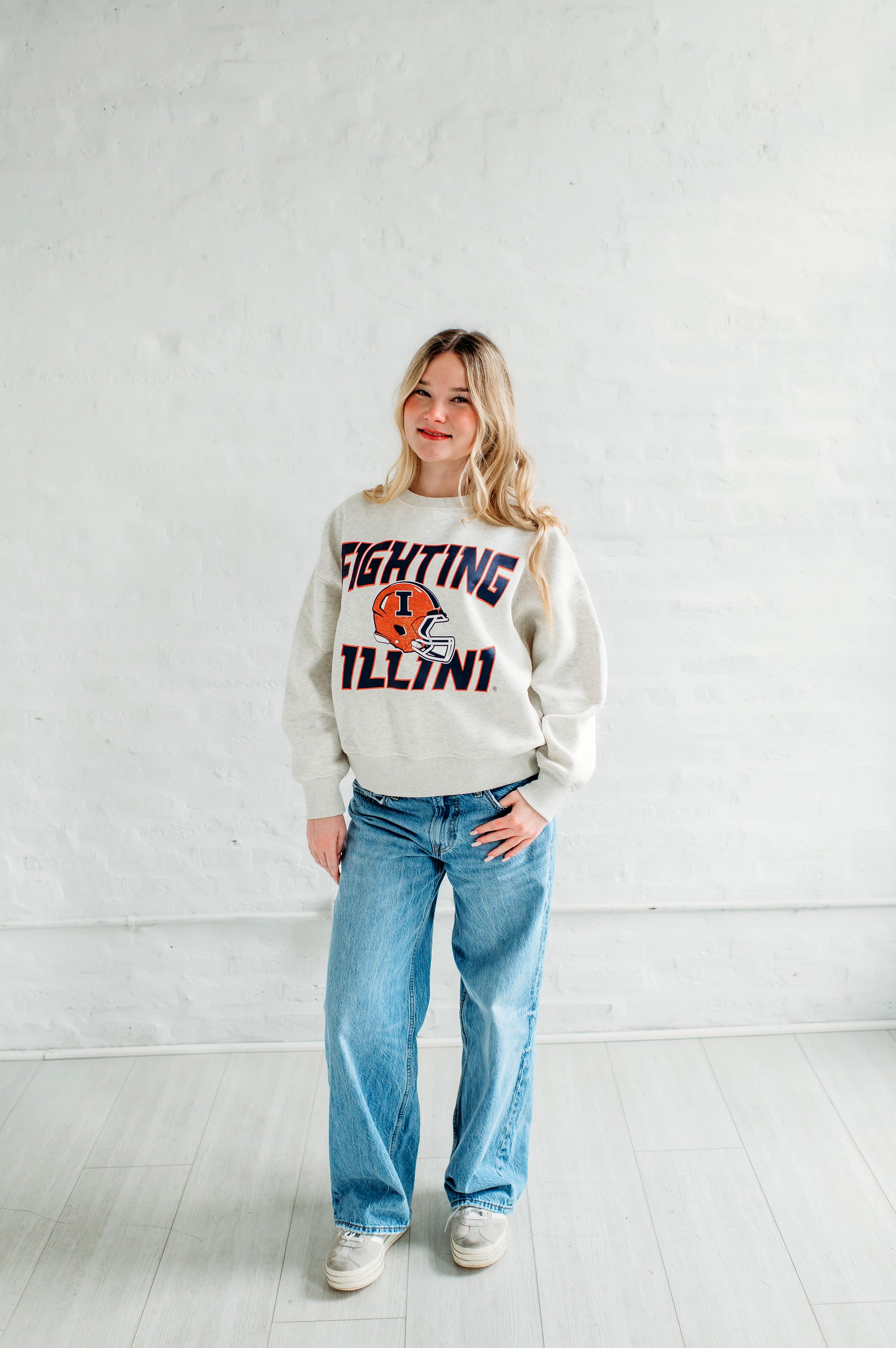 Fighting Illini Football Slouchy Drop Shoulder Crewneck. Illinois Game Day Apparel. 