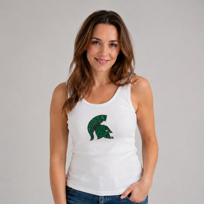 Model wearing the Michigan State Spartans Sequin Ribbed Tank in white, featuring a green sequin Spartan helmet logo centered on the chest.