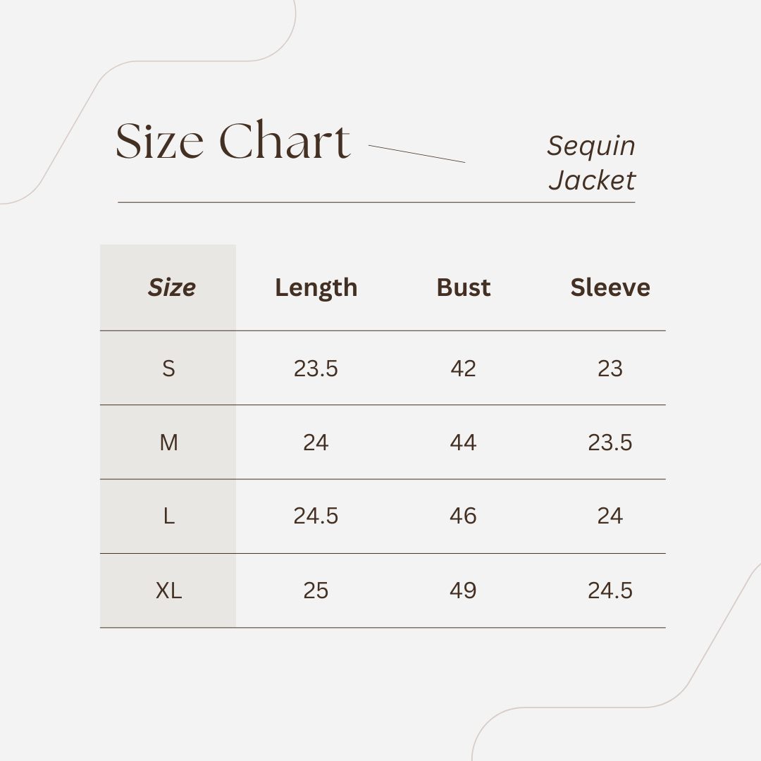 Size chart for a sequin jacket with measurements in length, bust, and sleeve.