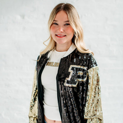 Purdue Sequin Bomber Jacket. Purdue Game Day Apparel.