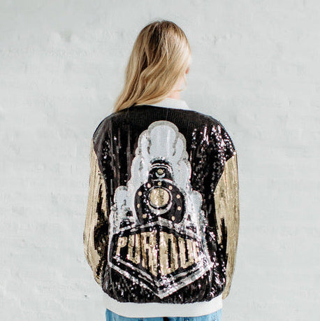 Purdue Sequin Bomber Jacket. Purdue Game Day Apparel.