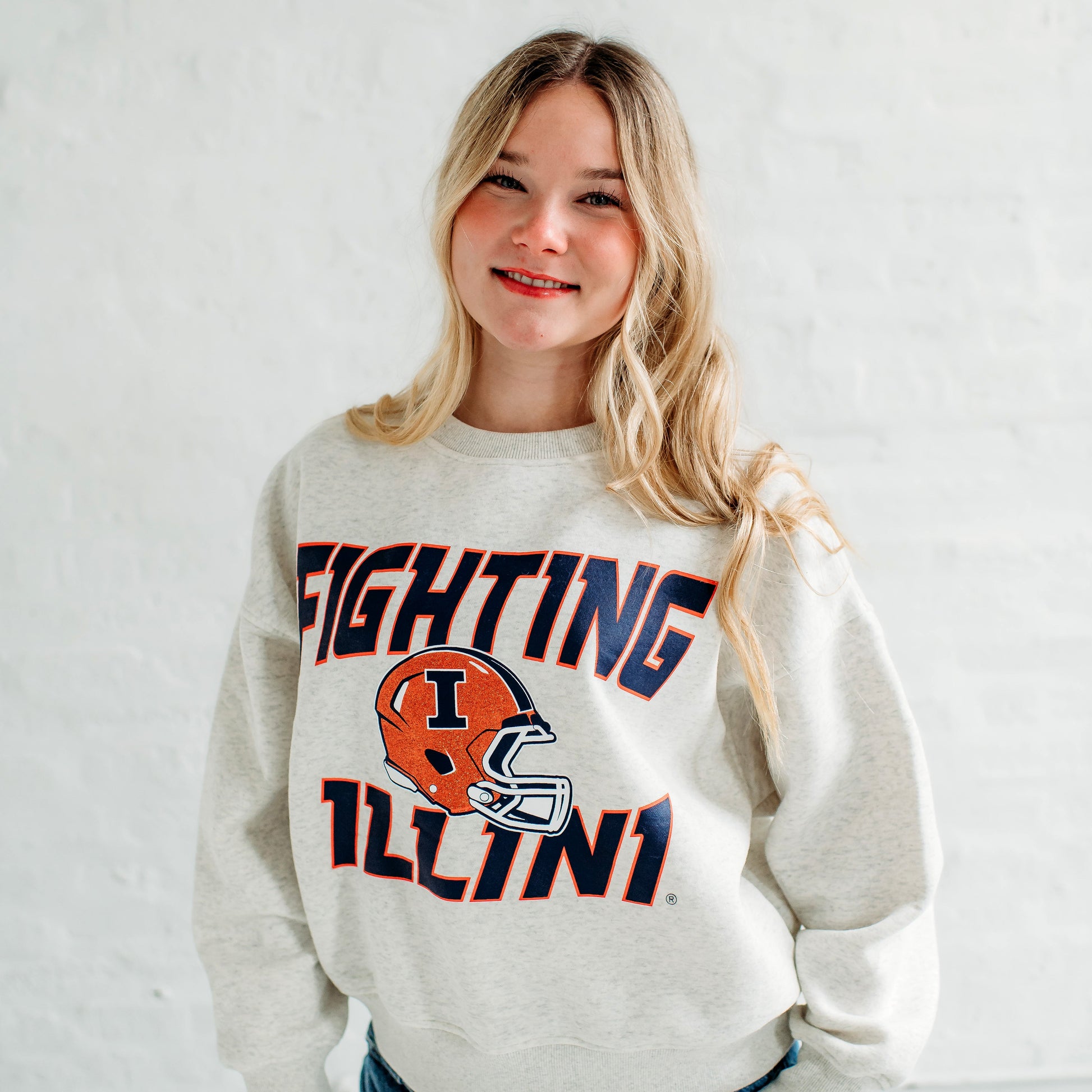 Fighting Illini Football Slouchy Drop Shoulder Crewneck. Illinois Game Day Apparel. 