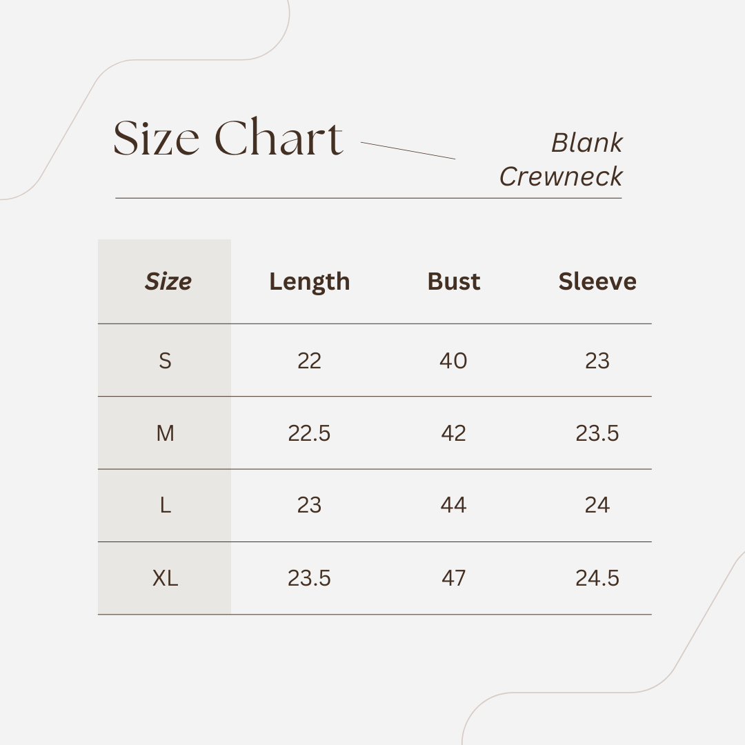 Size chart for crewnecks with measurements in centimeters.