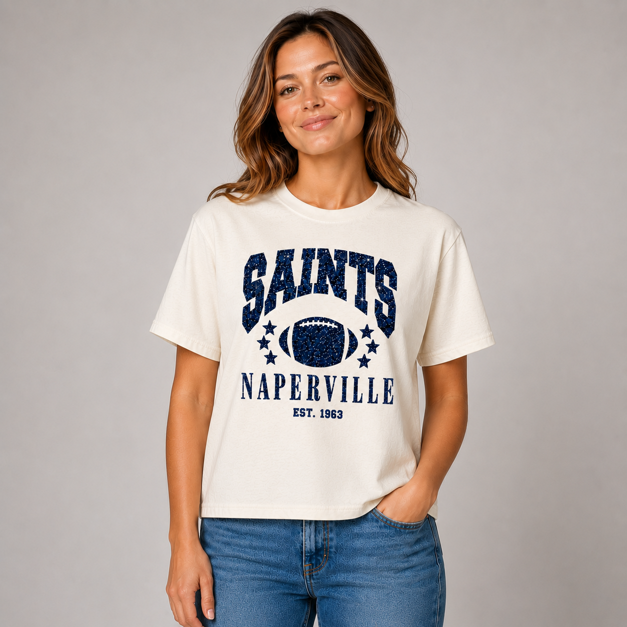 Naperville Saints Glitter Football Boxy Tee