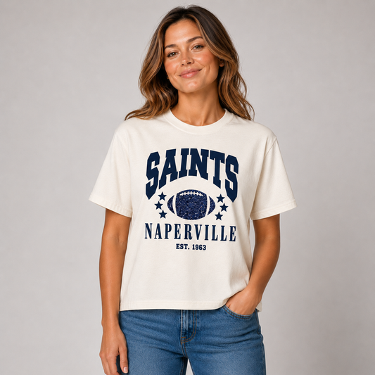 Naperville Saints Glitter Football Boxy Tee