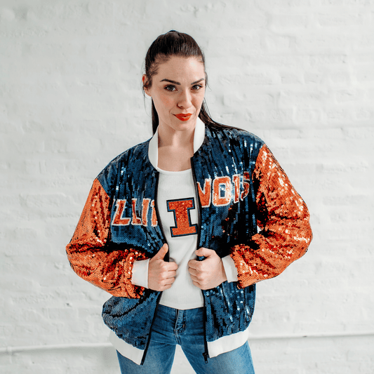 Illinois Sequin Bomber Jacket. Illinois Game Day Apparel.