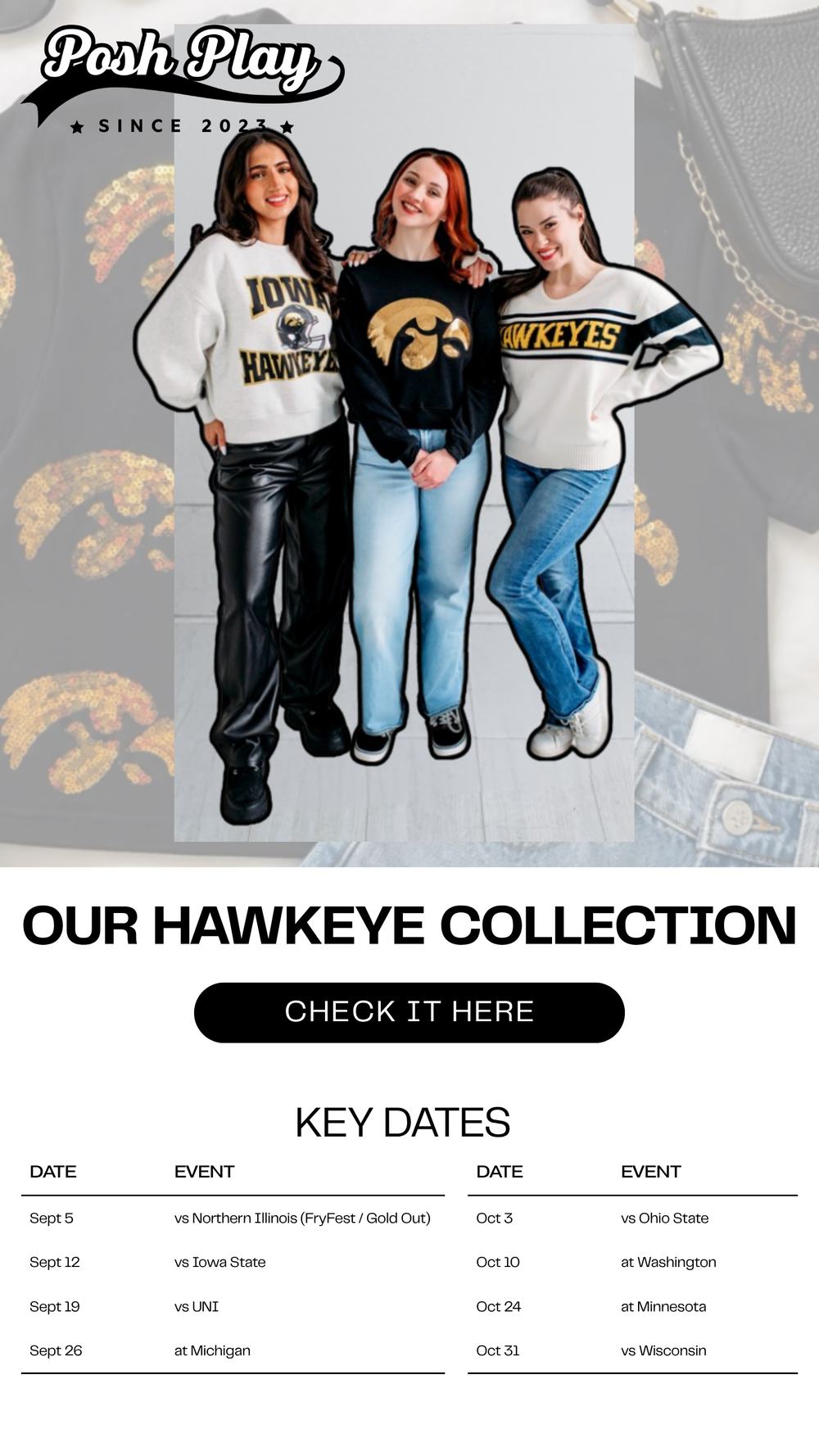 Posh Play promotional 'Hawkeye Collection' with the Iowa football game day schedule 2026.