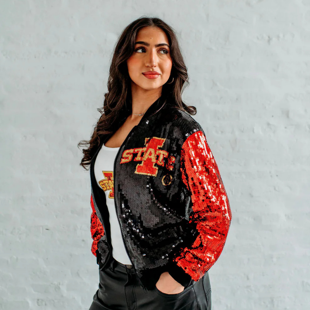 Iowa State Sequin Bomber Jacket. Iowa State Gameday apparel