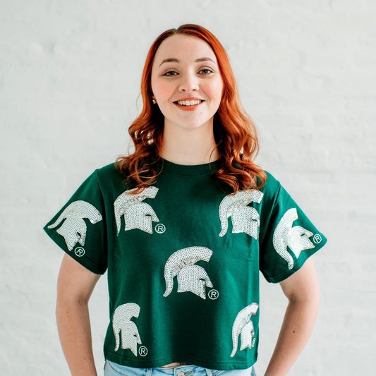 Michigan State Full Coverage Sequin Tee. Michigan Game Day Apparel