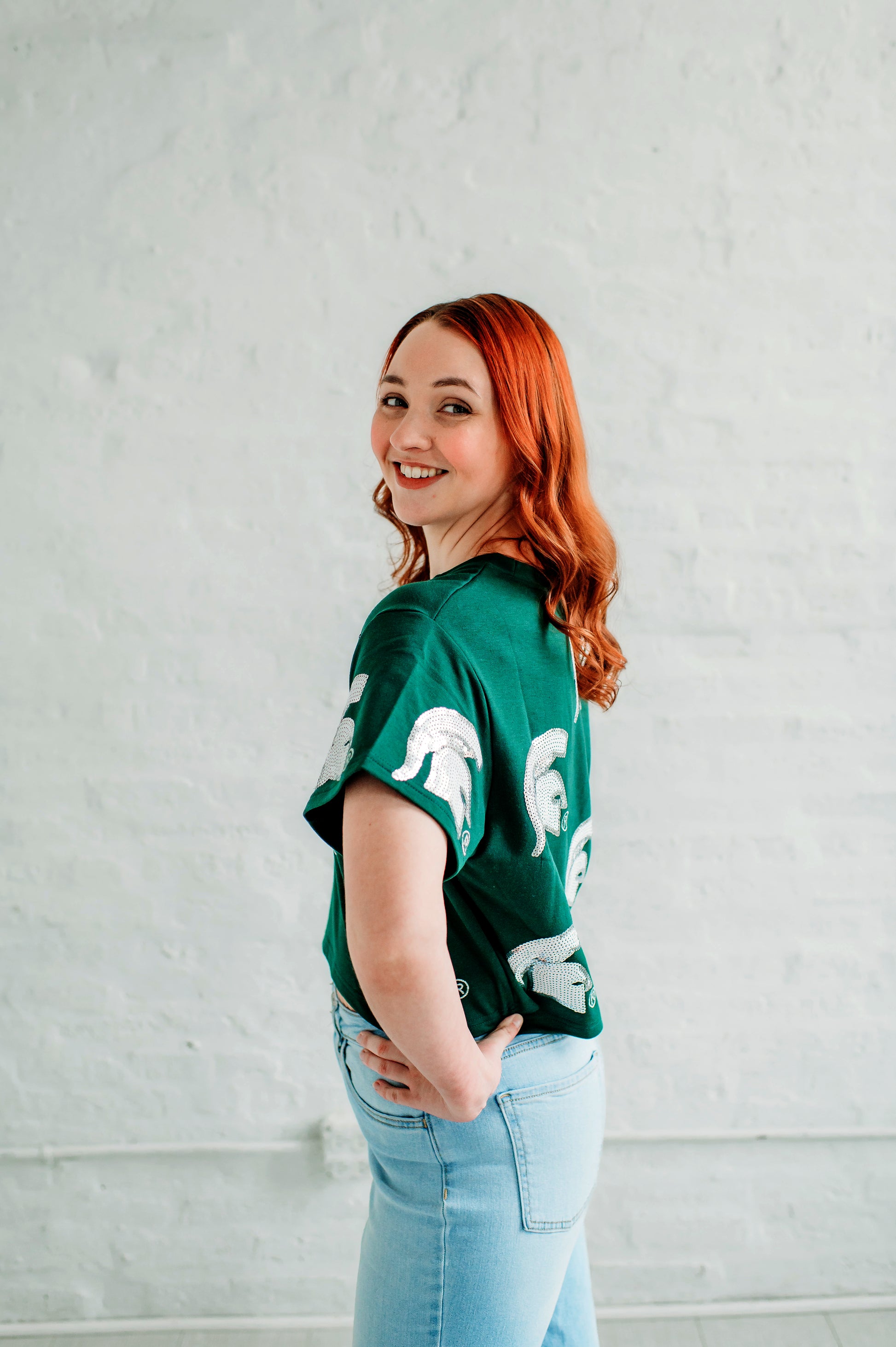 Michigan State Full Coverage Sequin Tee. Michigan Game Day Apparel