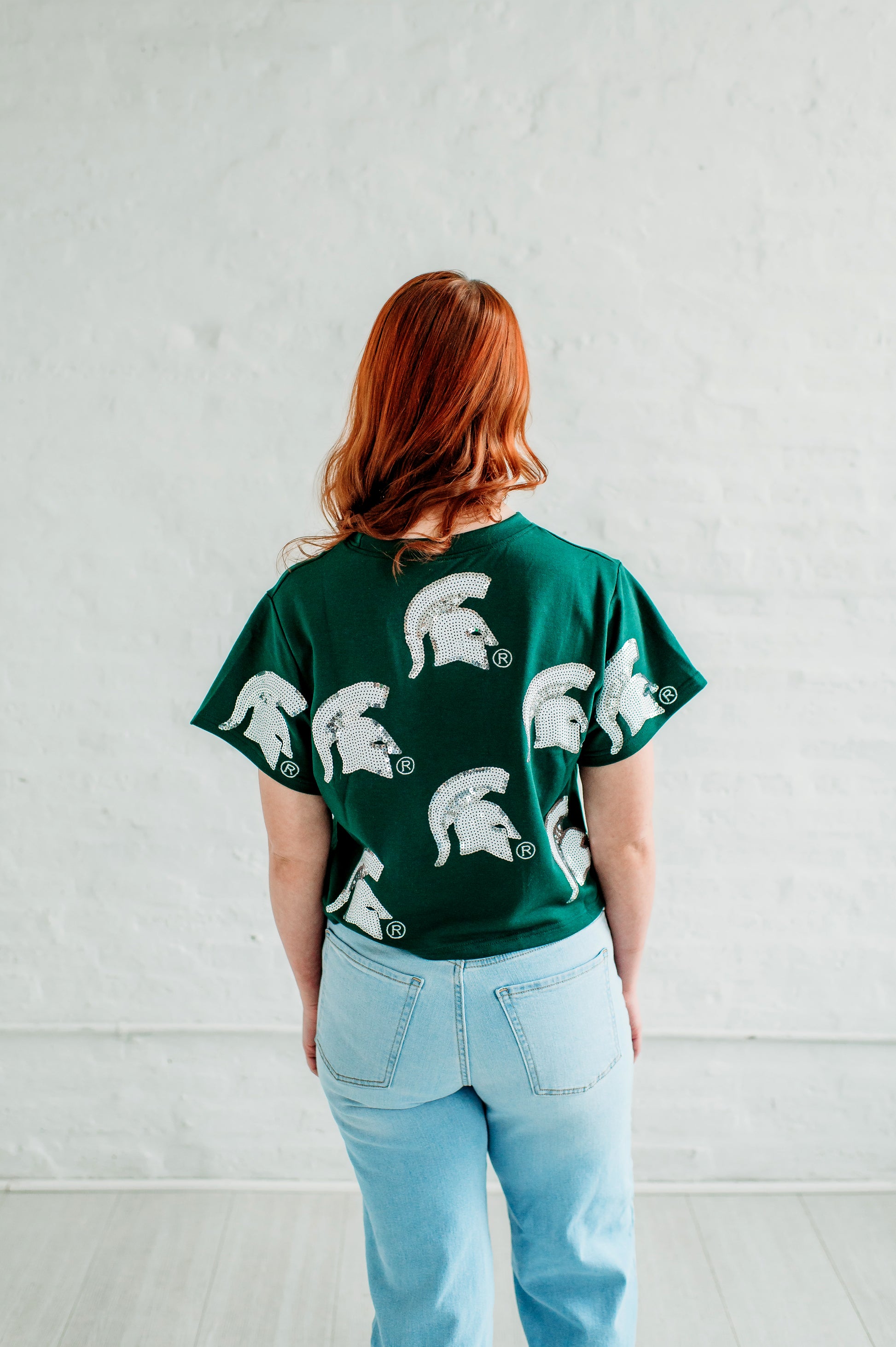 Michigan State Full Coverage Sequin Tee. Michigan Game Day Apparel