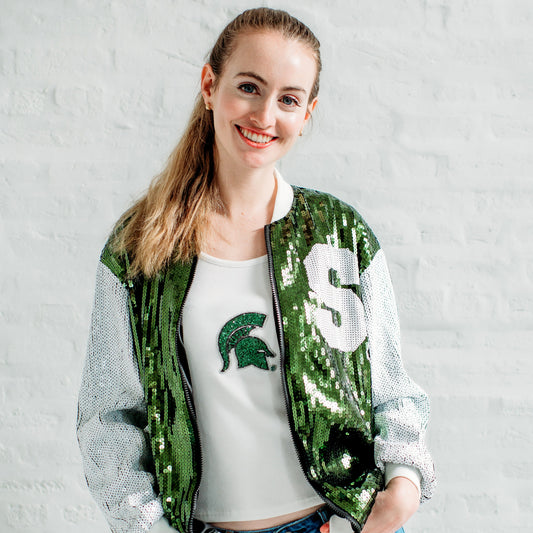 Michigan State Sequin Bomber Jacket. Michigan Game Day Apparel.