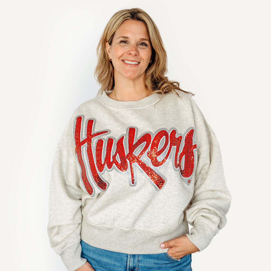 Nebraska Huskers Sequin Slouchy Drop Shoulder Crewneck