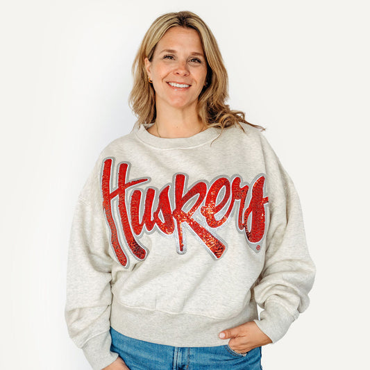 Nebraska Huskers Sequin Slouchy Drop Shoulder Crewneck