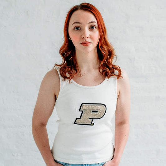 Purdue Sequin Ribbed Tank.   Purdue gameday apparel