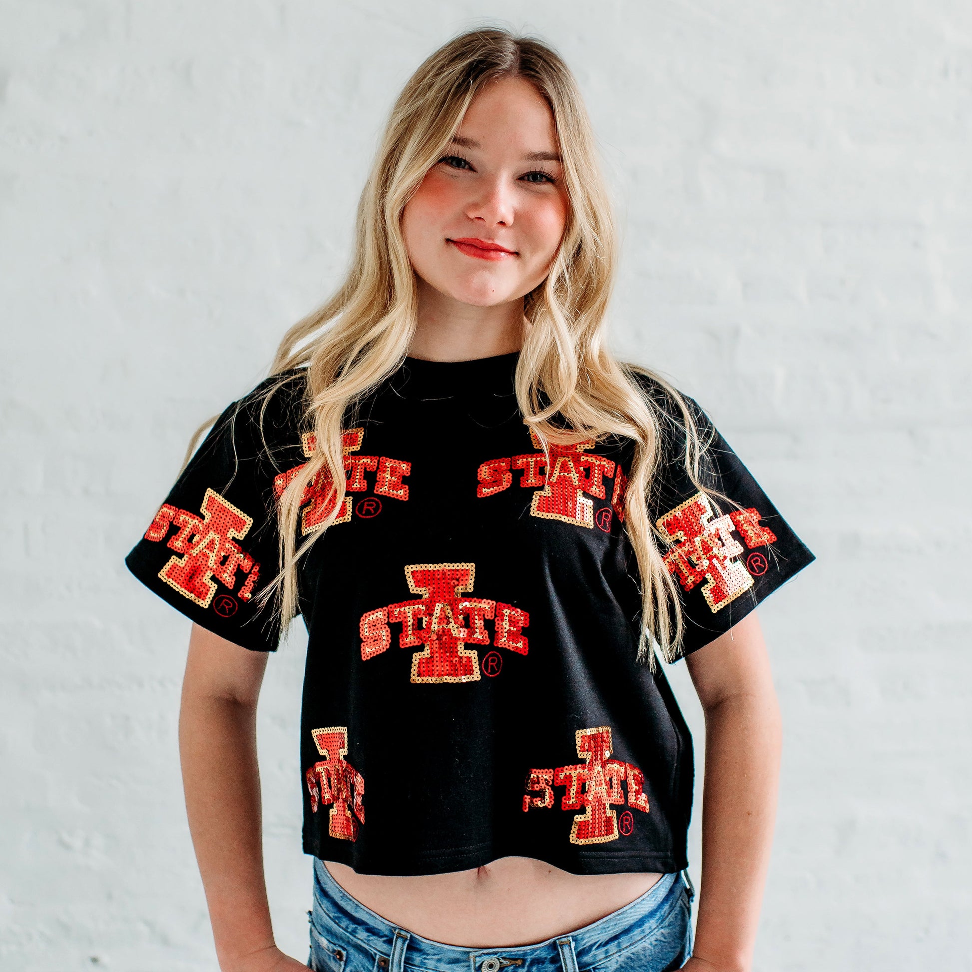 Iowa State Full Coverage Sequin Tee.  Iowa State Gameday apparel
