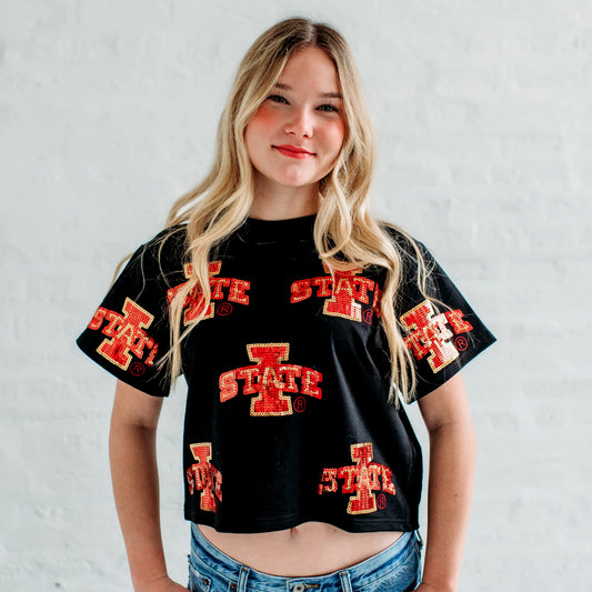 Iowa State Full Coverage Sequin Tee.  Iowa State Gameday apparel