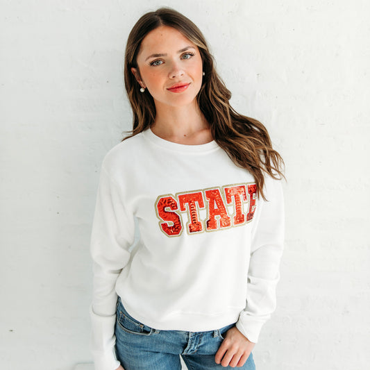 State Sequin Crewneck. Iowa State Gameday apparel