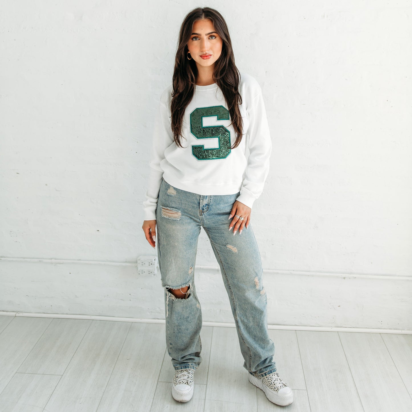 Michigan State Sequin S Crewneck.   Michigan Game Day Apparel.