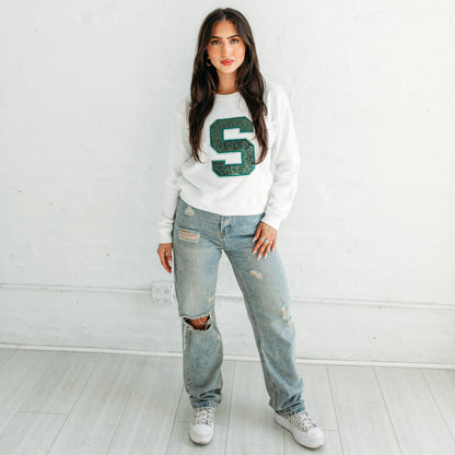 Michigan State Sequin S Crewneck.   Michigan Game Day Apparel.