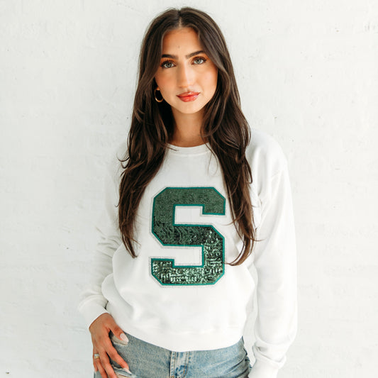 Michigan State Sequin S Crewneck.   Michigan Game Day Apparel.