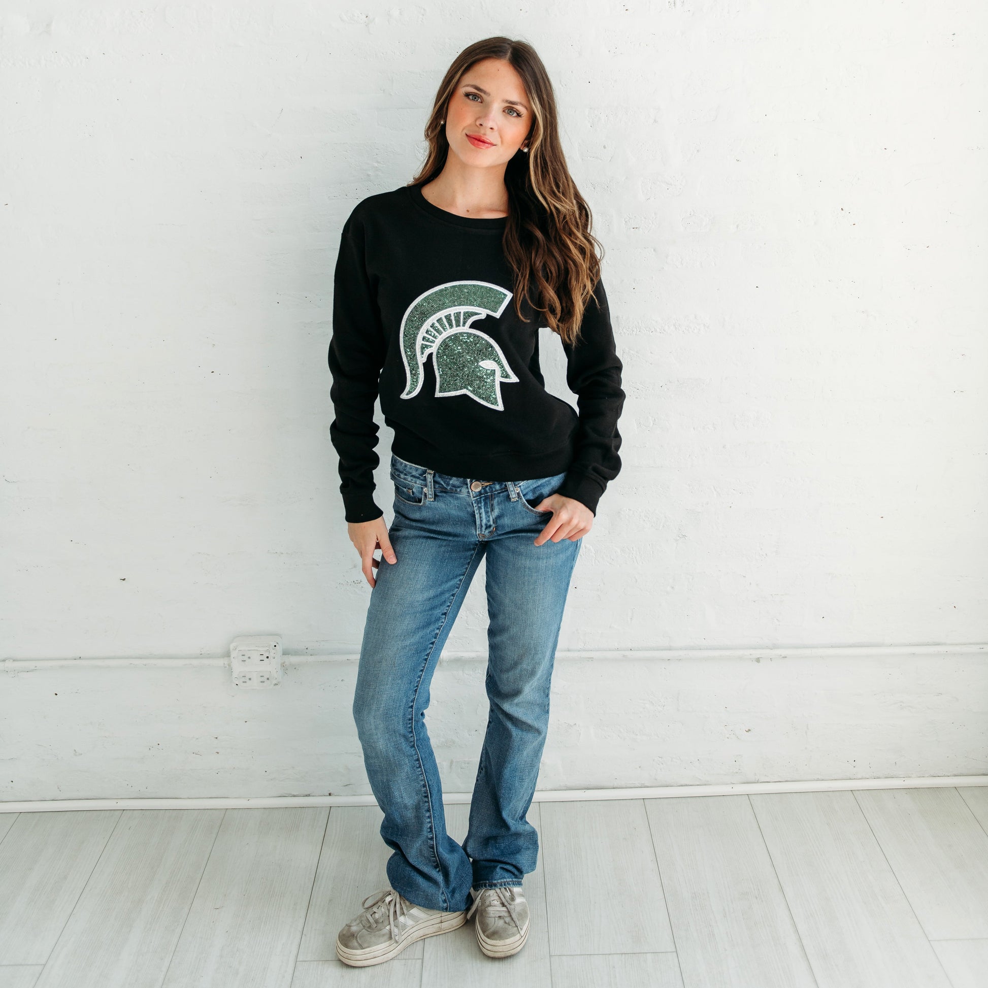 Michigan State Spartan Sequin Crewneck. Michigan Game Day Apparel.
