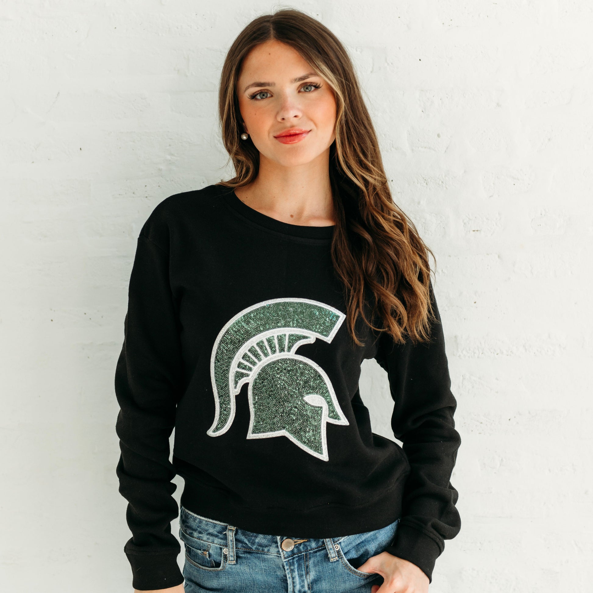 Michigan State Spartan Sequin Crewneck. Michigan Game Day Apparel.
