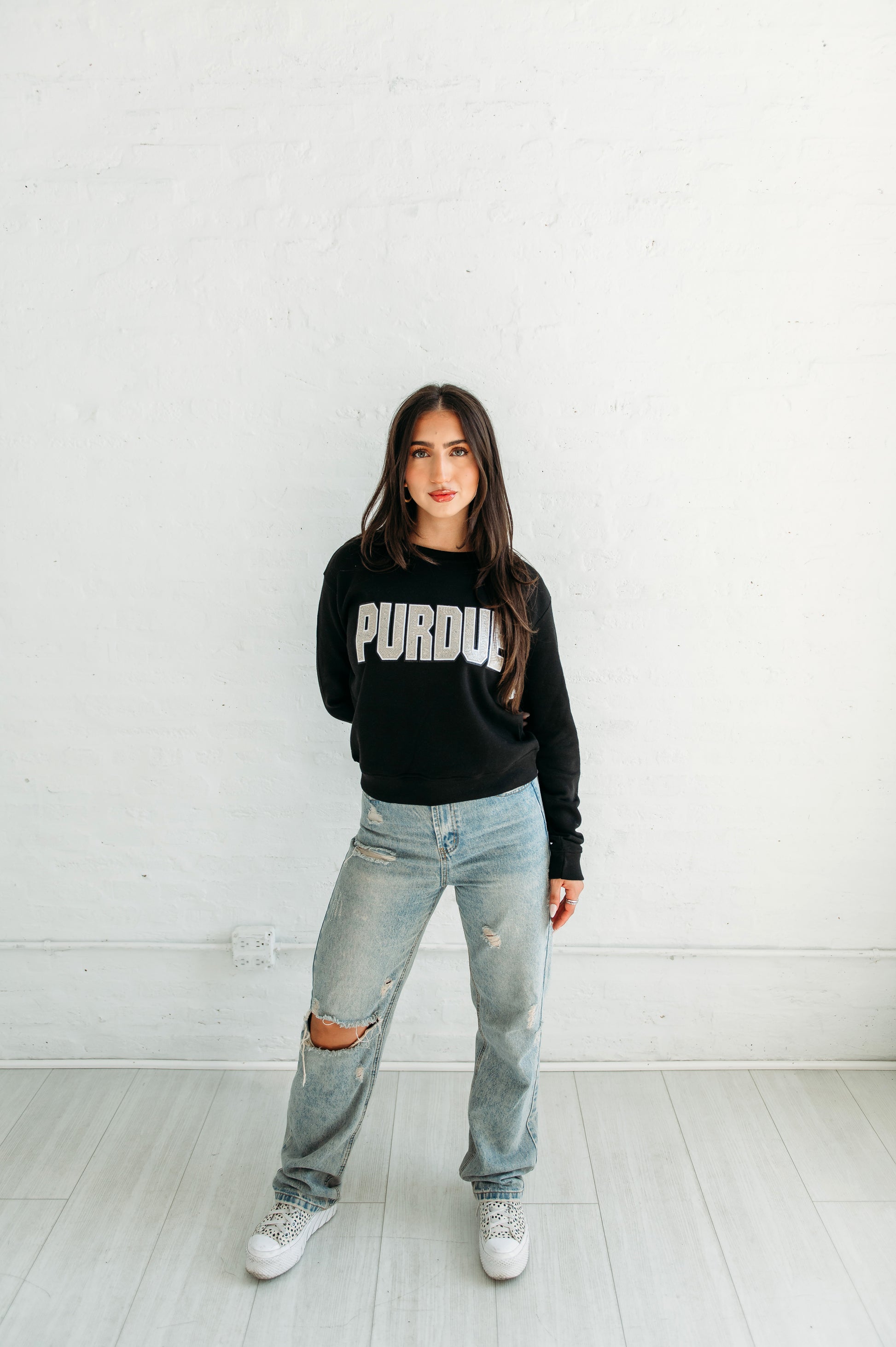 Purdue University Sequin Women's Crewneck. Purdue Game Day Apparel. 