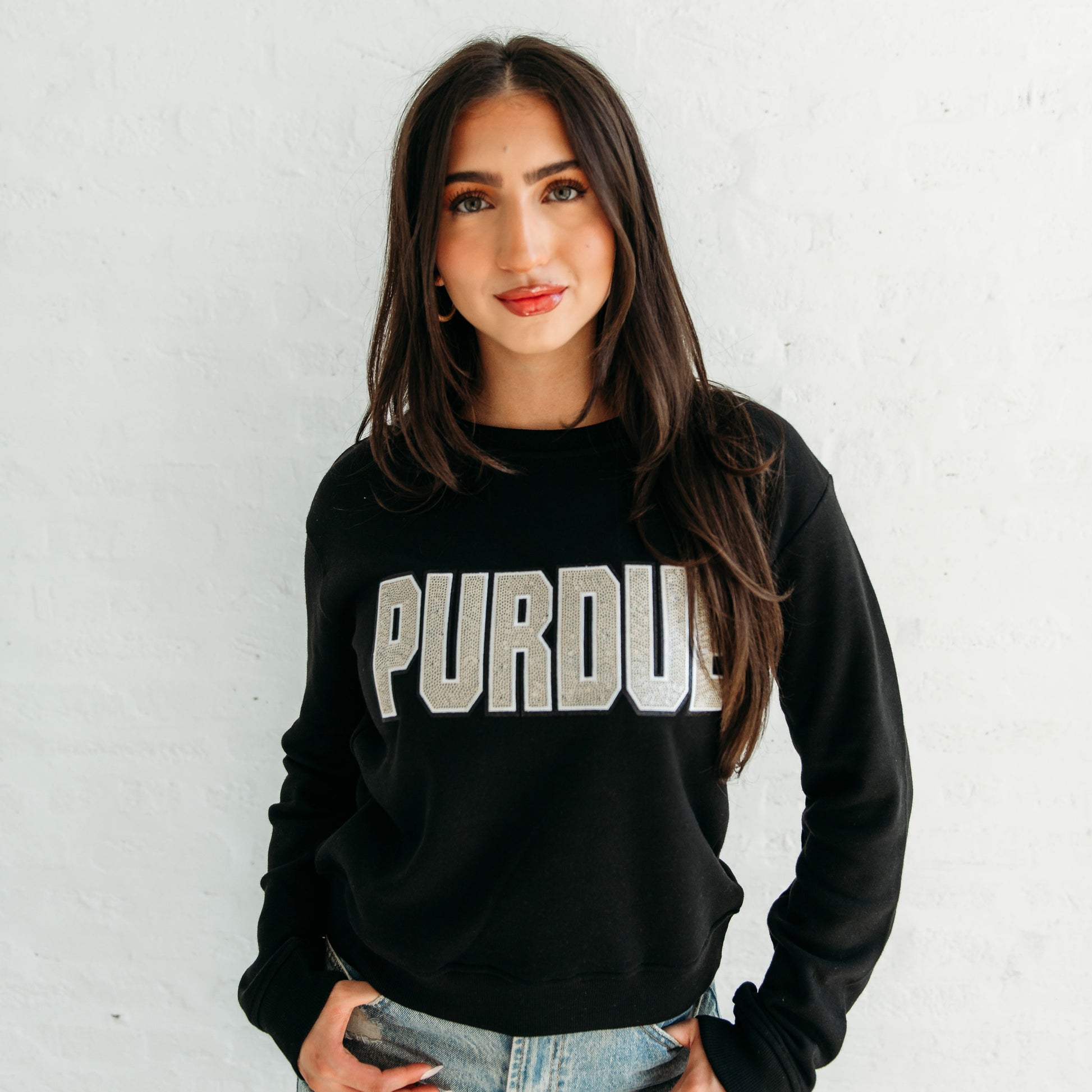 Purdue University Sequin Women's Crewneck. Purdue Game Day Apparel. 