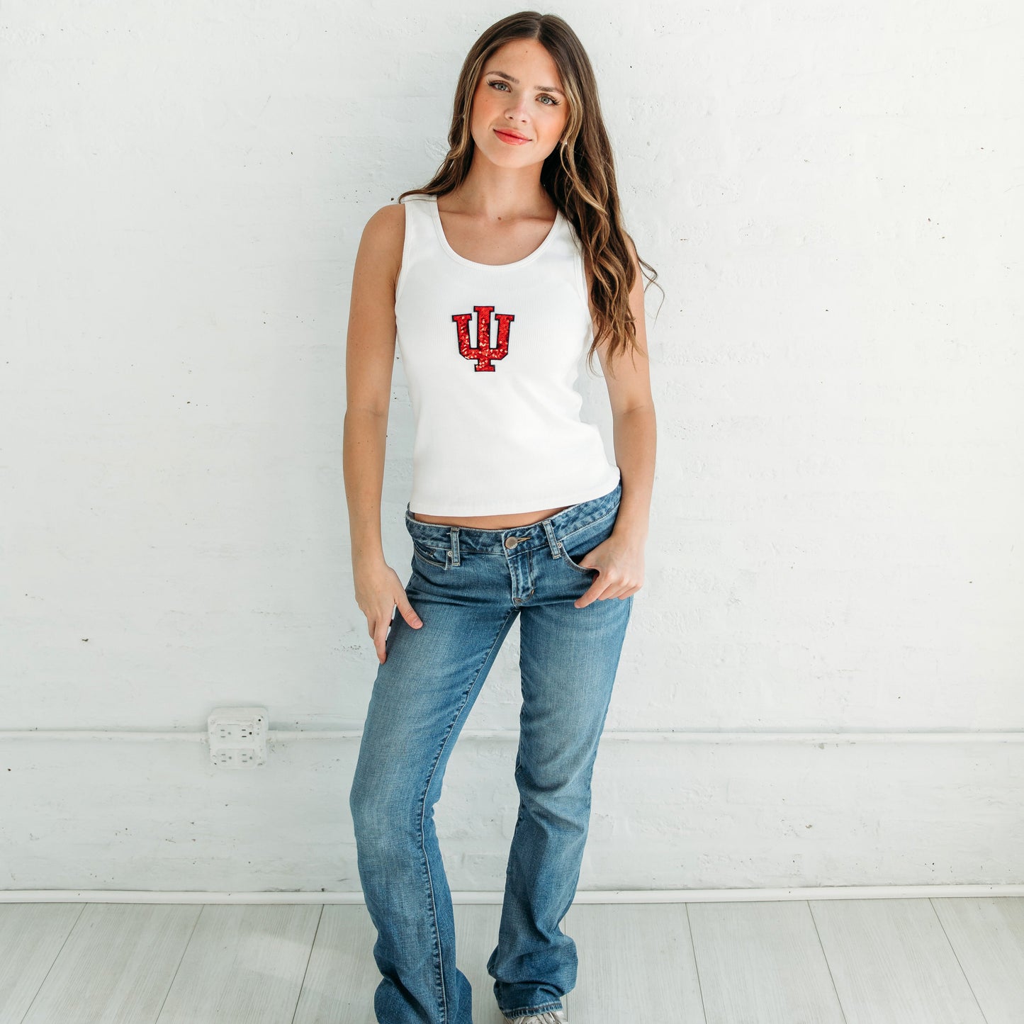Indiana Trident Sequin Ribbed Tank. Indiana gameday apparel