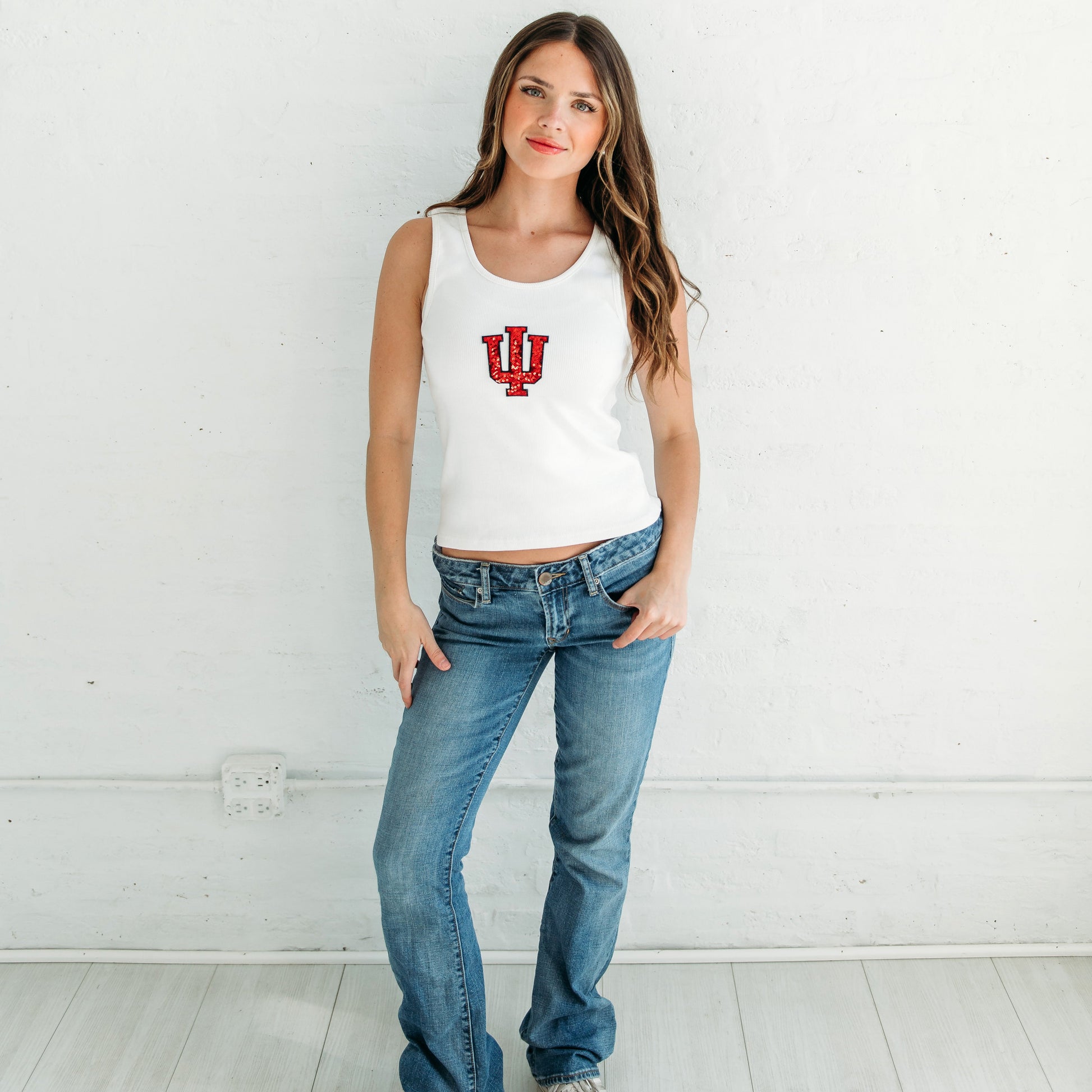 Indiana Trident Sequin Ribbed Tank. Indiana gameday apparel