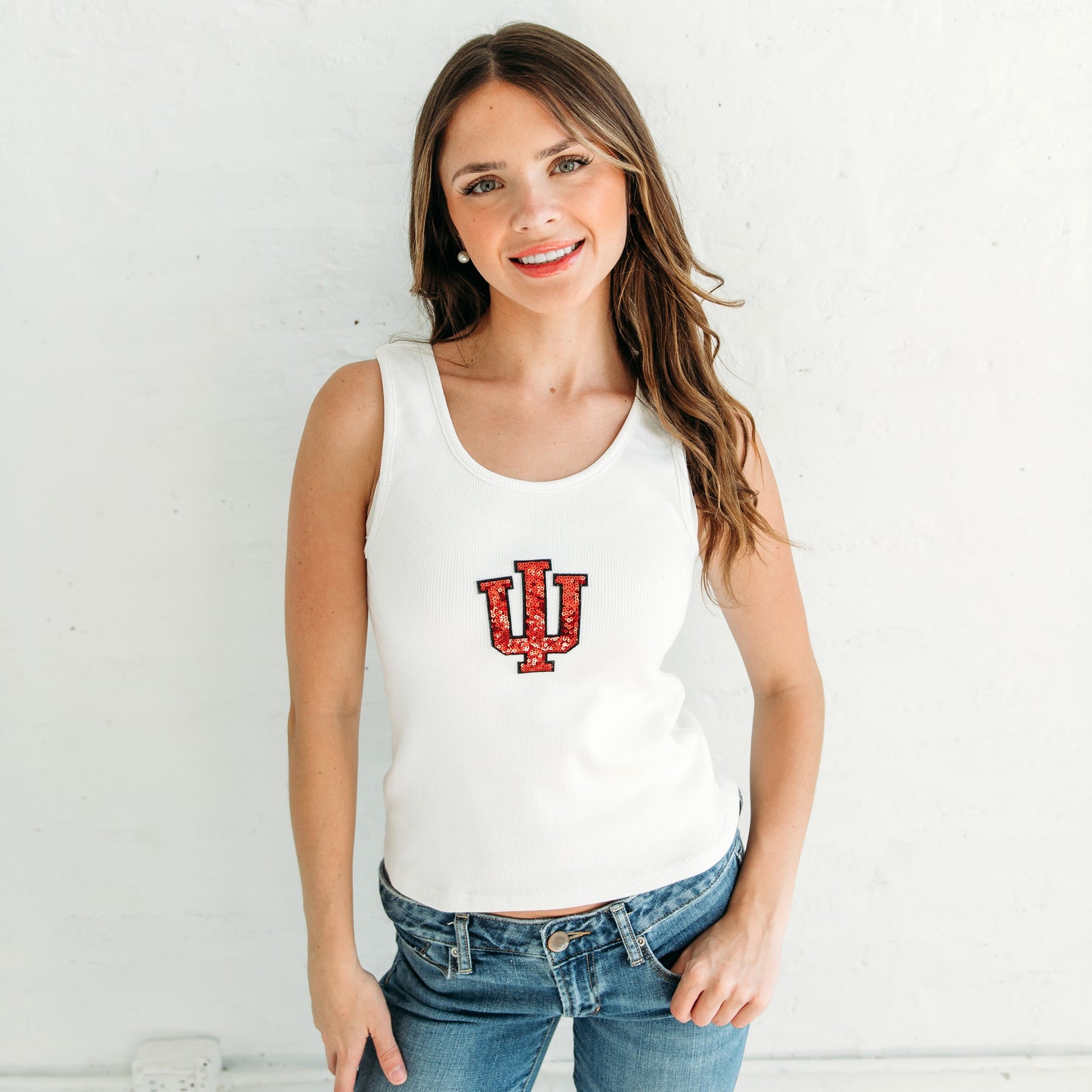 Indiana Trident Sequin Ribbed Tank. Indiana gameday apparel