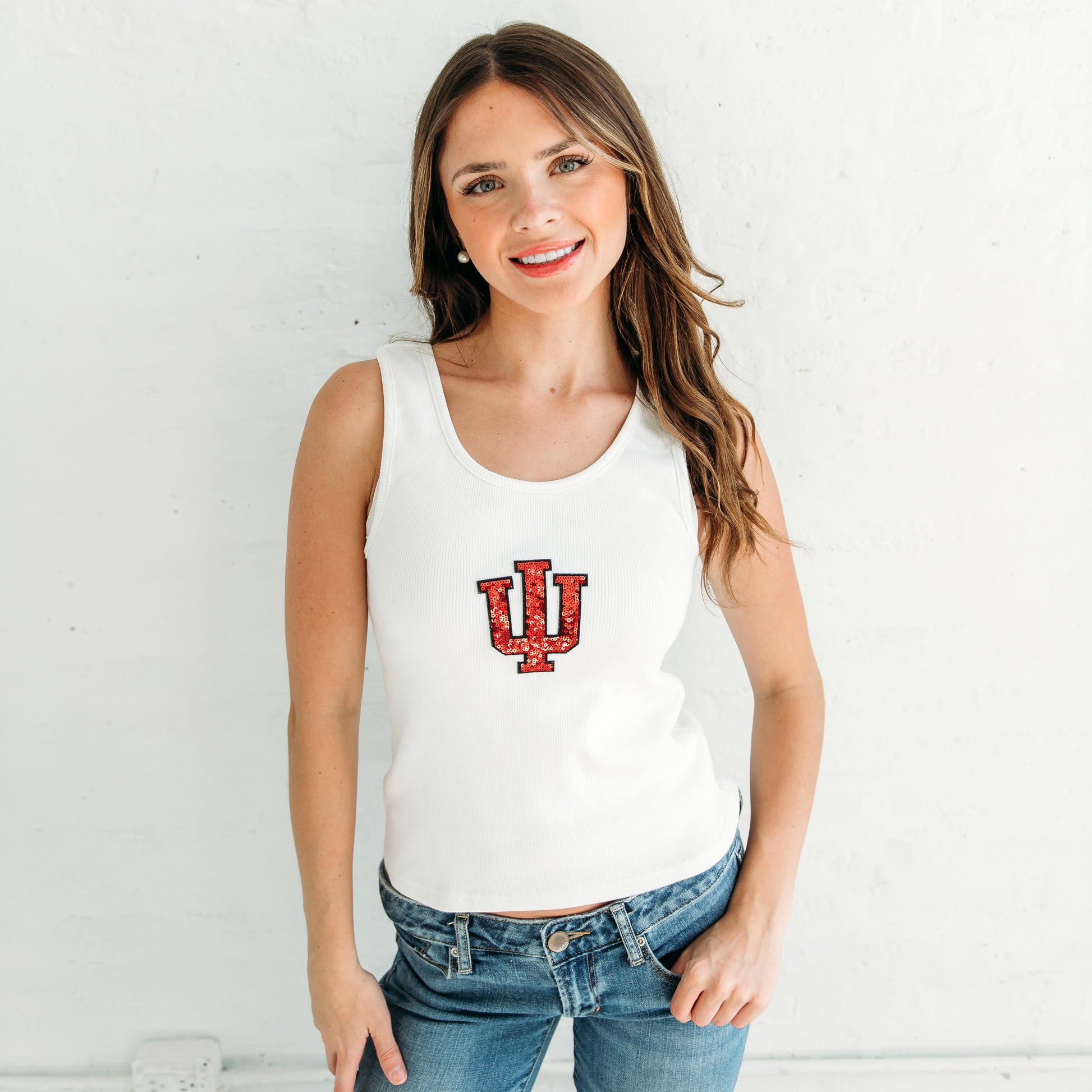 Indiana Trident Sequin Ribbed Tank. Indiana gameday apparel