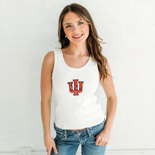 Indiana Trident Sequin Ribbed Tank. Indiana gameday apparel