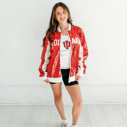 Indiana Trident Sequin Bomber Jacket.  Indiana gameday apparel