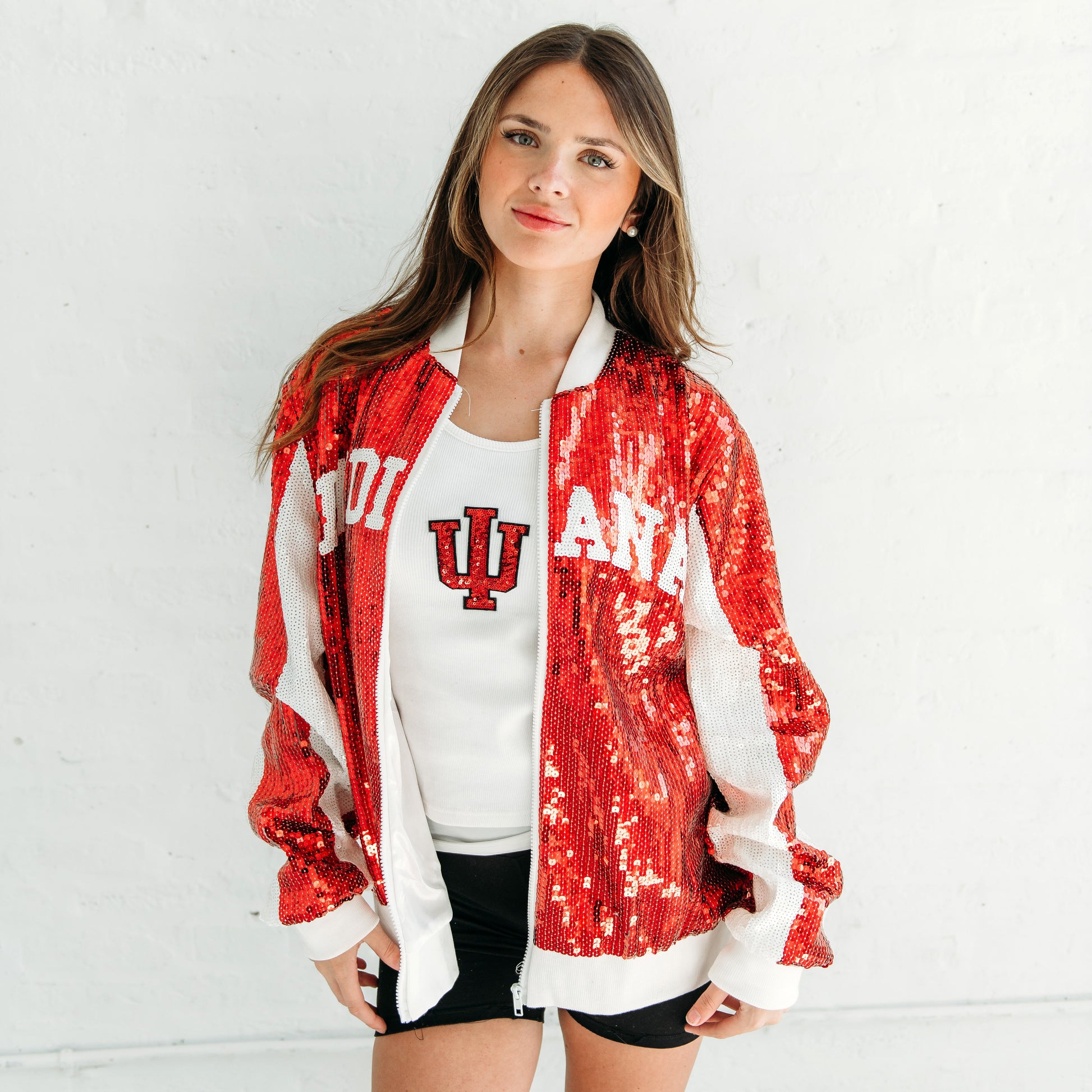 Indiana Trident Sequin Bomber Jacket.  Indiana gameday apparel