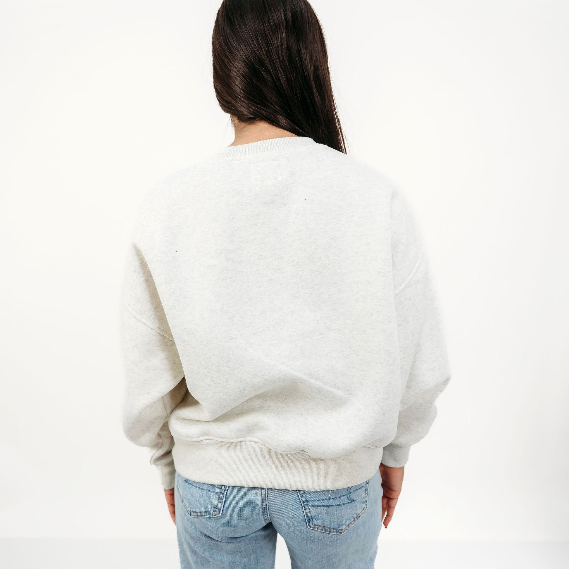 Back view of the Indiana Hoosiers Football Slouchy Drop Shoulder Crewneck in oatmeal heather.