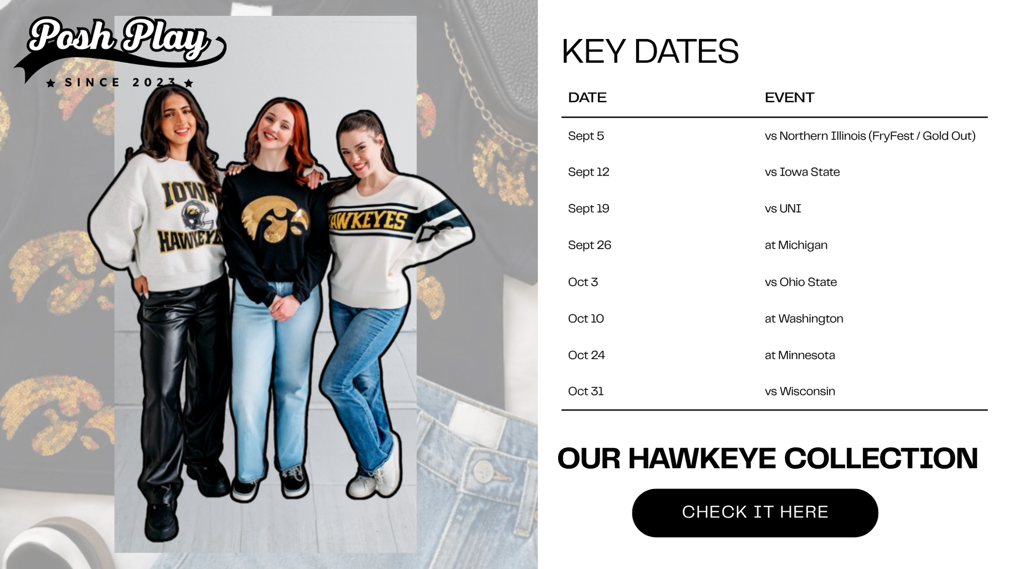 Posh Play promotional 'Hawkeye Collection' with the Iowa football game day schedule 2026.